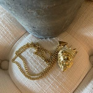Men’s Gold Tone Stainless Steel Crystal Crown Lion Head Pendant 24” Necklace